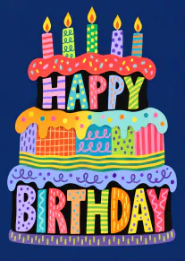 Colourful tiered birthday cake with patterned candles and the words Happy Birthday on a navy blue background.
