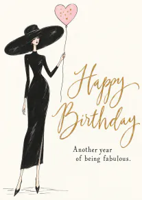 Fashion illustration of a woman in a black dress and oversized hat holding a pink heart balloon, with birthday wording.