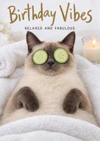 Birthday card showing a relaxed cat with cucumber slices over its eyes, tucked under a white towel beside a candle.