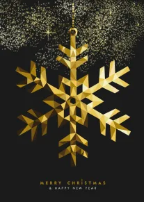 Gold geometric snowflake on black with Merry Christmas and Happy New Year text and sparkles.