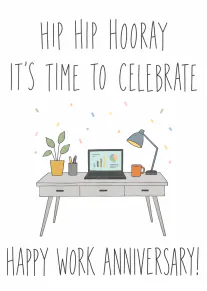 Minimal illustrated work anniversary card with a desk, laptop, plant, lamp and colourful confetti.