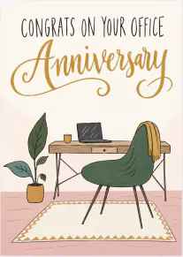 Illustrated office anniversary card with a desk, laptop, green chair and gold lettering.