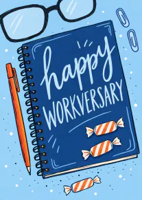 Illustrated blue notebook reading “happy work anniversary”, with glasses, an orange pen, paper clips and striped sweets.