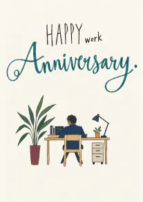 Illustrated Happy Work Anniversary card showing a person seated at a desk with plants and a lamp.