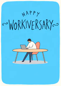 Blue Happy Workiversary card featuring a person working on a laptop at a desk.