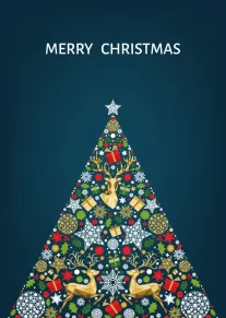 Christmas tree made of reindeer, gifts and snowflakes with Merry Christmas text on blue background.