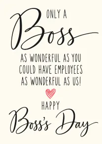 Cream Boss’s Day card with black hand-lettered appreciation message and a small red heart.