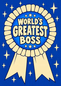 Blue retro-style card featuring a large cream award ribbon and the words “World’s Greatest Boss”.
