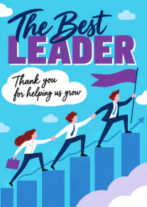 Blue card featuring workplace colleagues climbing a bar chart beneath the words “The Best Leader”.
