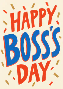Bold red and blue Happy Boss's Day lettering on a cream background with scattered gold and red confetti marks.