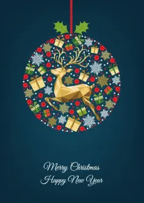 Golden reindeer ornament with gifts, snowflakes, and Merry Christmas Happy New Year text on blue.