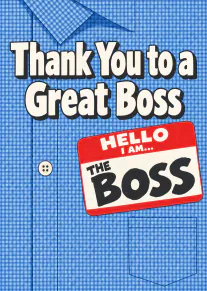 Blue gingham shirt design with bold text thanking a great boss and a red hello, I am the boss name badge.