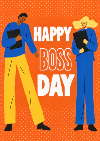 Orange Happy Boss Day card featuring two colleagues holding black folders.