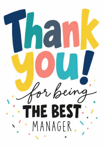 Colourful typographic card reading “Thank you! for being the best manager” with confetti.