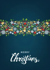 Teal Christmas card with holly border, gold reindeer, gifts, snowflakes, and Merry Christmas text below.