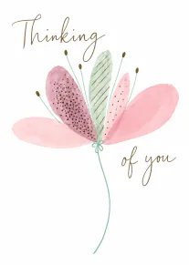 White card with a pink watercolour flower and gold script reading “Thinking of you”.