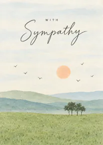Watercolour sympathy card with a sunlit meadow, distant hills, trees and birds.