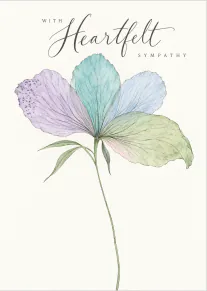 Elegant sympathy card featuring a delicate pastel flower and the words “With Heartfelt Sympathy”.