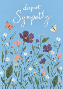 Blue sympathy card with white script, wildflowers and two butterflies.