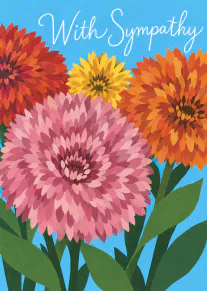 Colourful stylised flowers in pink, orange, red and yellow beneath white With Sympathy lettering on a blue background.