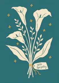 Cream calla lily bouquet tied with a golden ribbon on a teal background, with a With Sympathy tag.