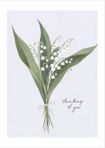 Watercolour bouquet of white lily of the valley flowers tied with a bow, with the words “thinking of you”.