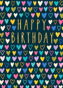 Dark teal birthday card with colourful hand-painted hearts framing gold Happy Birthday lettering.