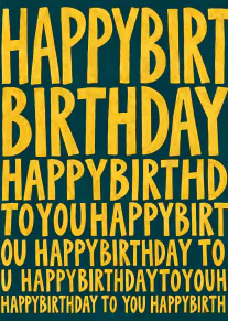 Portrait card with oversized textured yellow Happy Birthday lettering on a deep teal background.