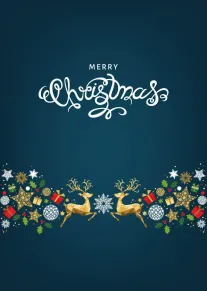 Blue Christmas card with Merry Christmas script, gold reindeer, stars, gifts and holly border.