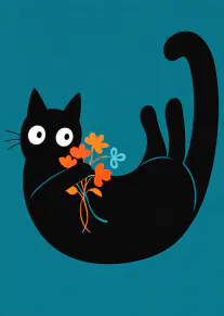 Minimalist black cat illustration holding orange and blue flowers on a teal background.