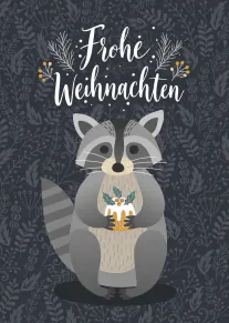 Dunkle Weihnachtskarte mit einem Waschbären, der einen Becher hält, und dem Schriftzug „Frohe Weihnachten“.