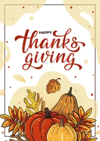 Happy Thanksgiving card with pumpkins, autumn leaves, and warm seasonal lettering in red and gold.