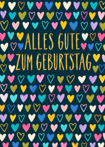 Dunkelblaue Geburtstagskarte mit bunten Herzen und goldener Aufschrift.