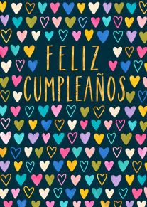 Tarjeta azul oscuro con el texto dorado «FELIZ CUMPLEAÑOS» rodeado de corazones de colores.