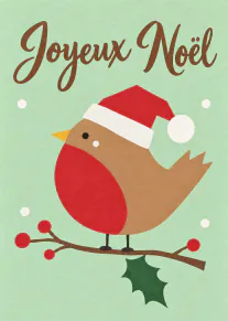 Carte vert menthe montrant un rouge-gorge en bonnet de Père Noël sur une branche de houx, avec le texte « Joyeux Noël ».