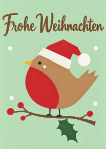 Weihnachtskarte in Papiercollage-Optik mit einem Vogel im roten Nikolausmützchen und dem Schriftzug „Frohe Weihnachten“.