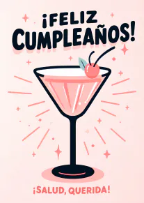 Tarjeta rosa con el texto «¡FELIZ CUMPLEAÑOS!» y una copa de cóctel con cereza.
