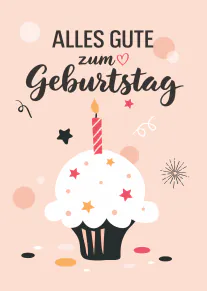 Rosa Geburtstagskarte mit einem weissen Cupcake, Kerze, Sternen und dem Schriftzug „ALLES GUTE zum Geburtstag“.