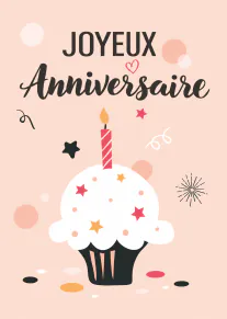 Carte rose pâle avec un cupcake blanc, une bougie allumée et le texte « JOYEUX Anniversaire » en noir.