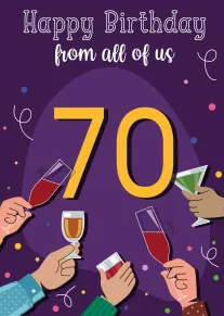 Happy 70th Birthday card with group toast, drinks, and confetti.