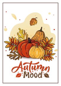 Autumn pumpkins and colorful leaves with Autumn Mood greeting text