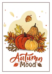Autumn pumpkins and colorful leaves with Autumn Mood greeting text