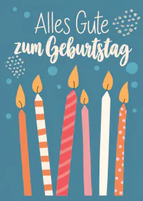 Blaue Geburtstagskarte mit sechs bunten brennenden Kerzen und dem Schriftzug „Alles Gute zum Geburtstag“.