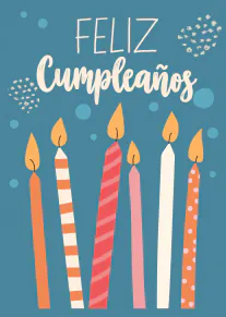 Tarjeta azul con el texto «FELIZ Cumpleaños» y seis velas encendidas de colores.