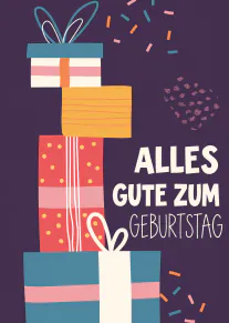 Illustration gestapelter, bunt verpackter Geschenke mit Konfetti und dem Text „ALLES GUTE ZUM GEBURTSTAG“.