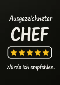 Schwarze Karte mit der Aufschrift „Ausgezeichneter CHEF“, fünf gelben Sternen und einer Empfehlung.