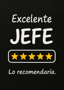 Tarjeta negra con el texto «Excelente JEFF», cinco estrellas amarillas y «Lo recomendaría.»