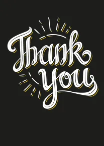 Bold hand-lettered thank you card on black with white script and yellow accents.