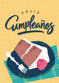 Tarjeta amarilla con el texto «FELIZ Cumpleaños», una porción de tarta con fresa y un tenedor sobre un plato azul.
