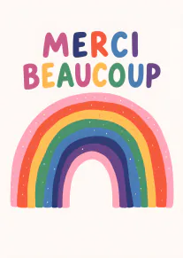 Carte blanche avec le texte « MERCI BEAUCOUP » multicolore au-dessus d’un arc-en-ciel.